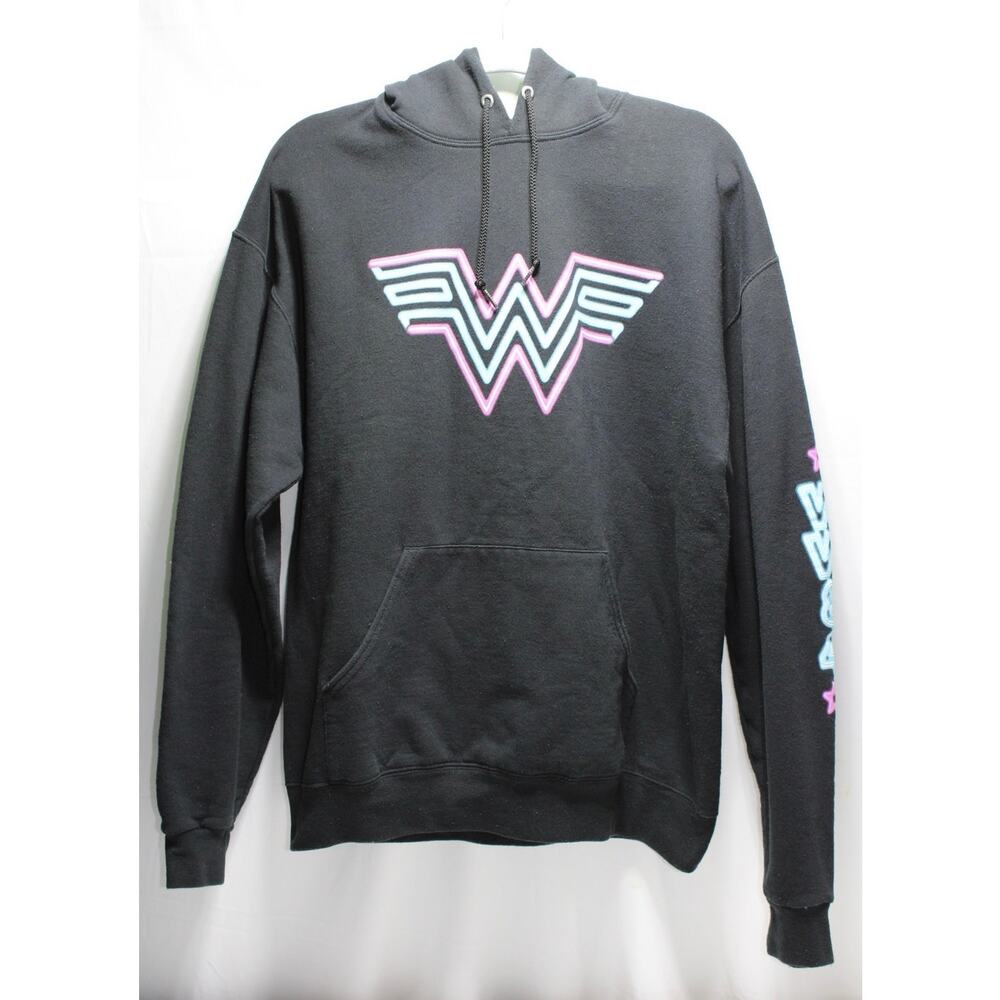 Juniors Wonder Woman DC Comic Book Neon & Black Hooded Sweatshirt Size L